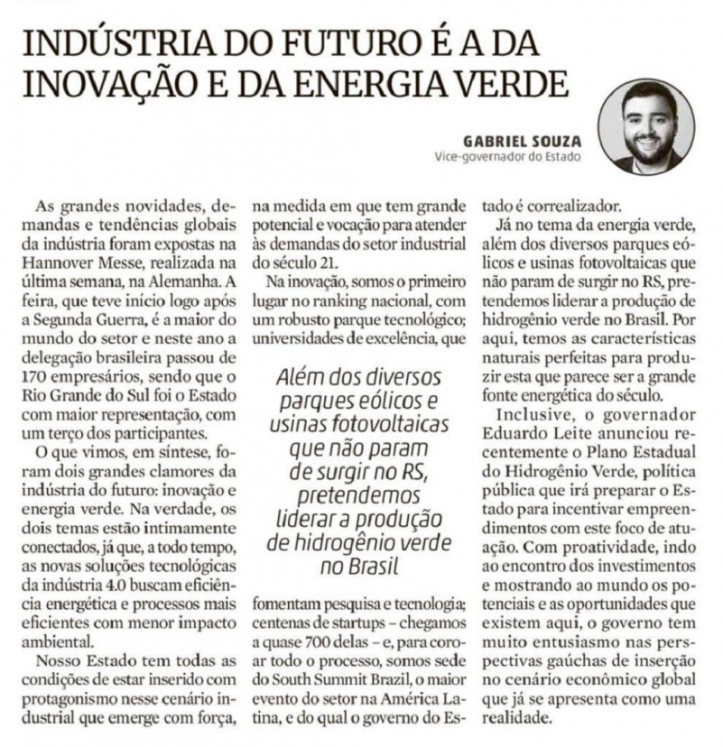 Folha de jornal Zero Hora com o artigo do vice-governador do RS, Gabriel Souza. 