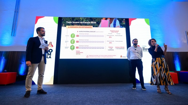 Três pessoas em palco fazem apresentação. Ao fundo, um telão.