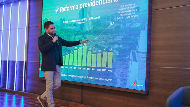 O vice-governador Gabriel Souza está de pé, segurando um microfone, na frente de um painel com um gráfico sobre a reforma previdenciária. Ele aponta para o painel.
