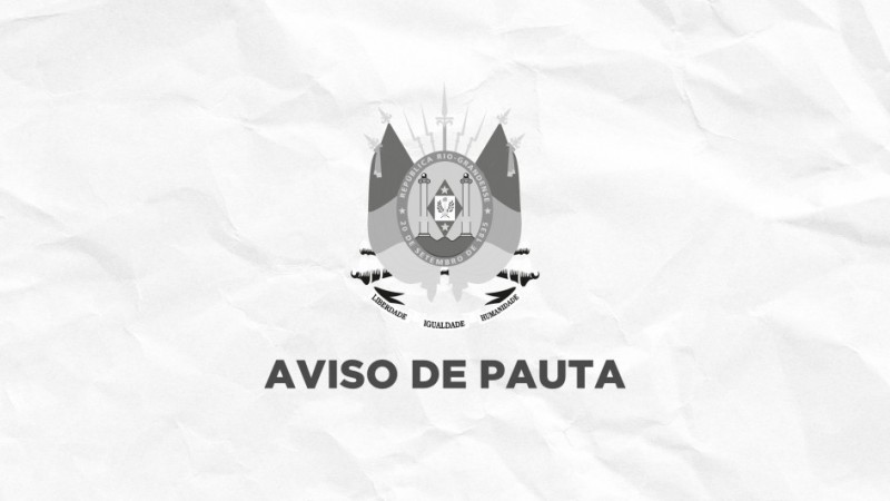 Arte institucional do Governo do Rio Grande do Sul. Ao centro, sobre um fundo cinza-claro com textura de papel amassado, aparece o bras&atilde;o do Estado em tons de cinza. Abaixo do bras&atilde;o, em destaque, est&aacute; a express&atilde;o &ldquo;AVISO DE PAUTA&rdquo; em letras mai&uacute;sculas, grandes e escuras. A composi&ccedil;&atilde;o &eacute; simples e centralizada, sem outros elementos visuais al&eacute;m do bras&atilde;o e do texto.