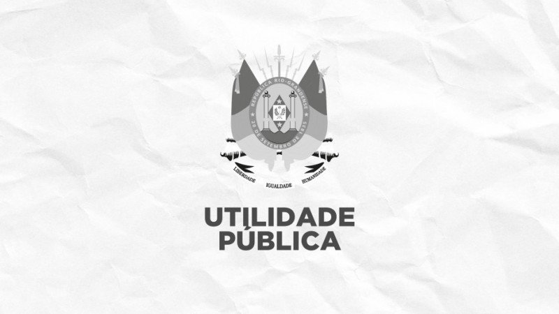 Card institucional do Governo do Estado do Rio Grande do Sul. Ao centro da imagem, sobre um fundo cinza-claro com textura de papel amassado, aparece o bras&atilde;o oficial do Estado em tons de cinza. Abaixo do bras&atilde;o, em letras grandes e escuras, est&aacute; escrito: &ldquo;UTILIDADE P&Uacute;BLICA&rdquo;. O layout &eacute; simples, centralizado e sem outros elementos visuais ou textos adicionais.